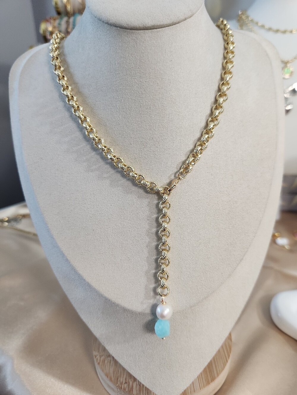 Handmade Rolo Lariat Pearl And Amazonite Necklace